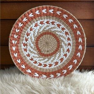 Handwoven Decorative Basket in Orange, White, and Tan